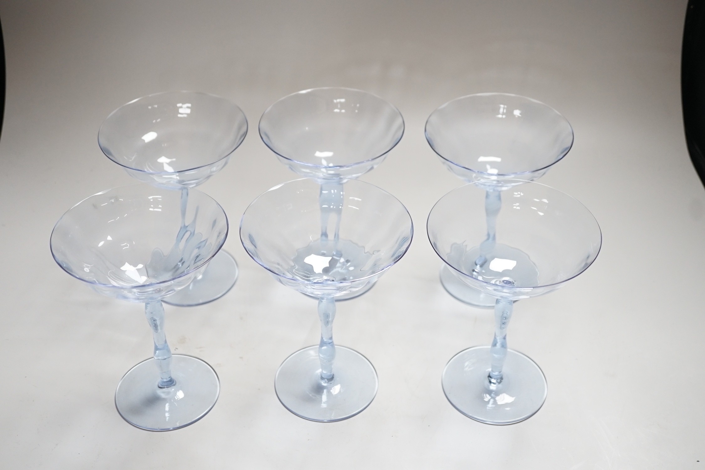 A set of six Art Deco lilac glass champagne bowls, Venetian style, reputedly made by James Powell & Sons. 15cms high